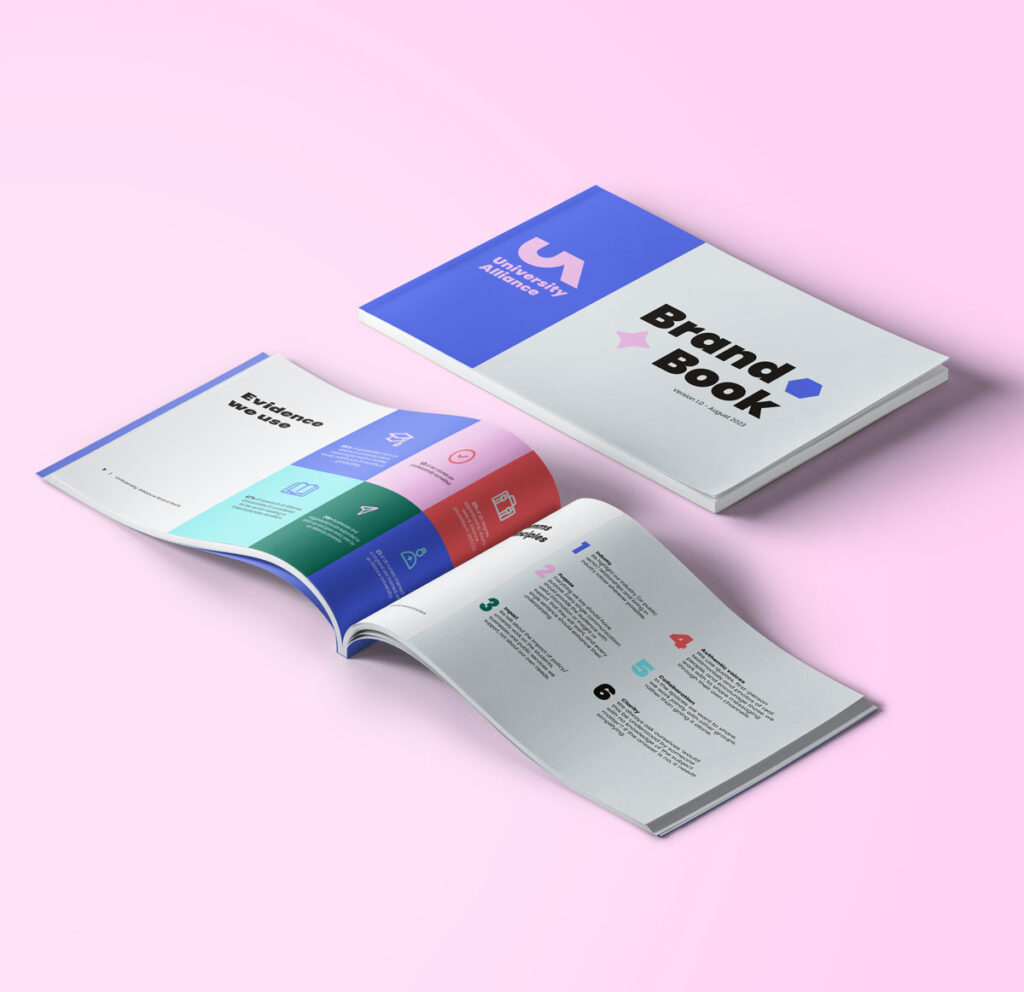University Alliance Rebrand: Mockup of the brand book showing the front cover and first two pages