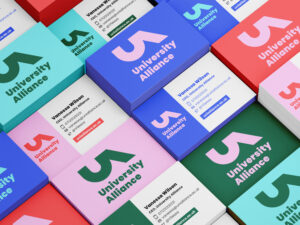 University Alliance Rebrand: Mockup of business cards showing multiple colour ways