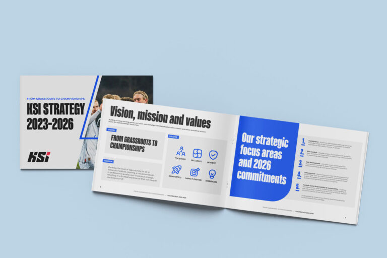 KSI Strategic Report Design: Mockup of the front of the brochure and the inside of page 6 and 7