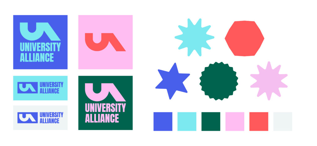 University Alliance Rebrand: Concepts of the first route for the rebrand which uses high contrast, bold colours, Geometric shapes and blocky fonts